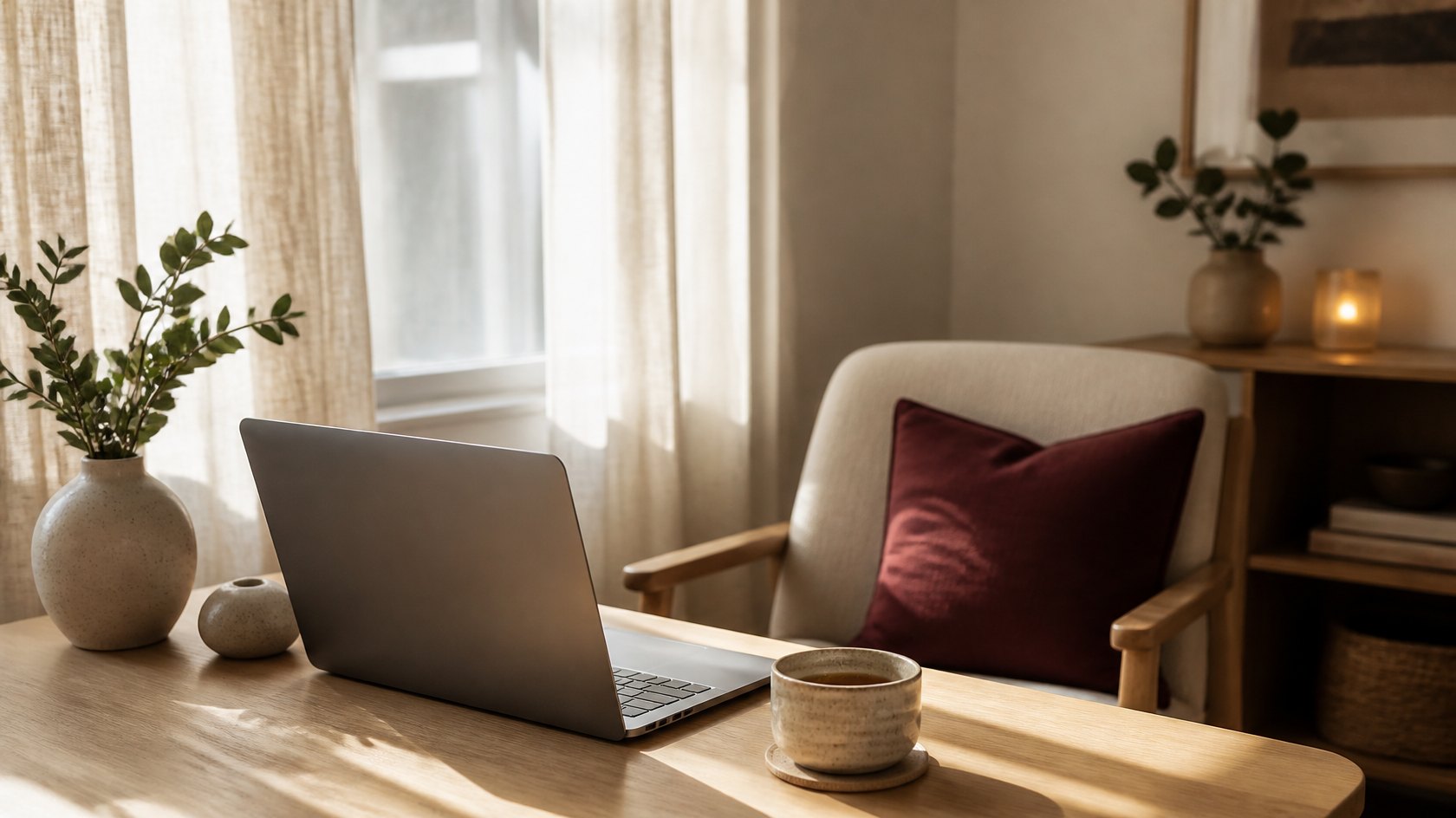 Notebook aberto sobre a mesa, com xícara de chá, pronto para a sessão online