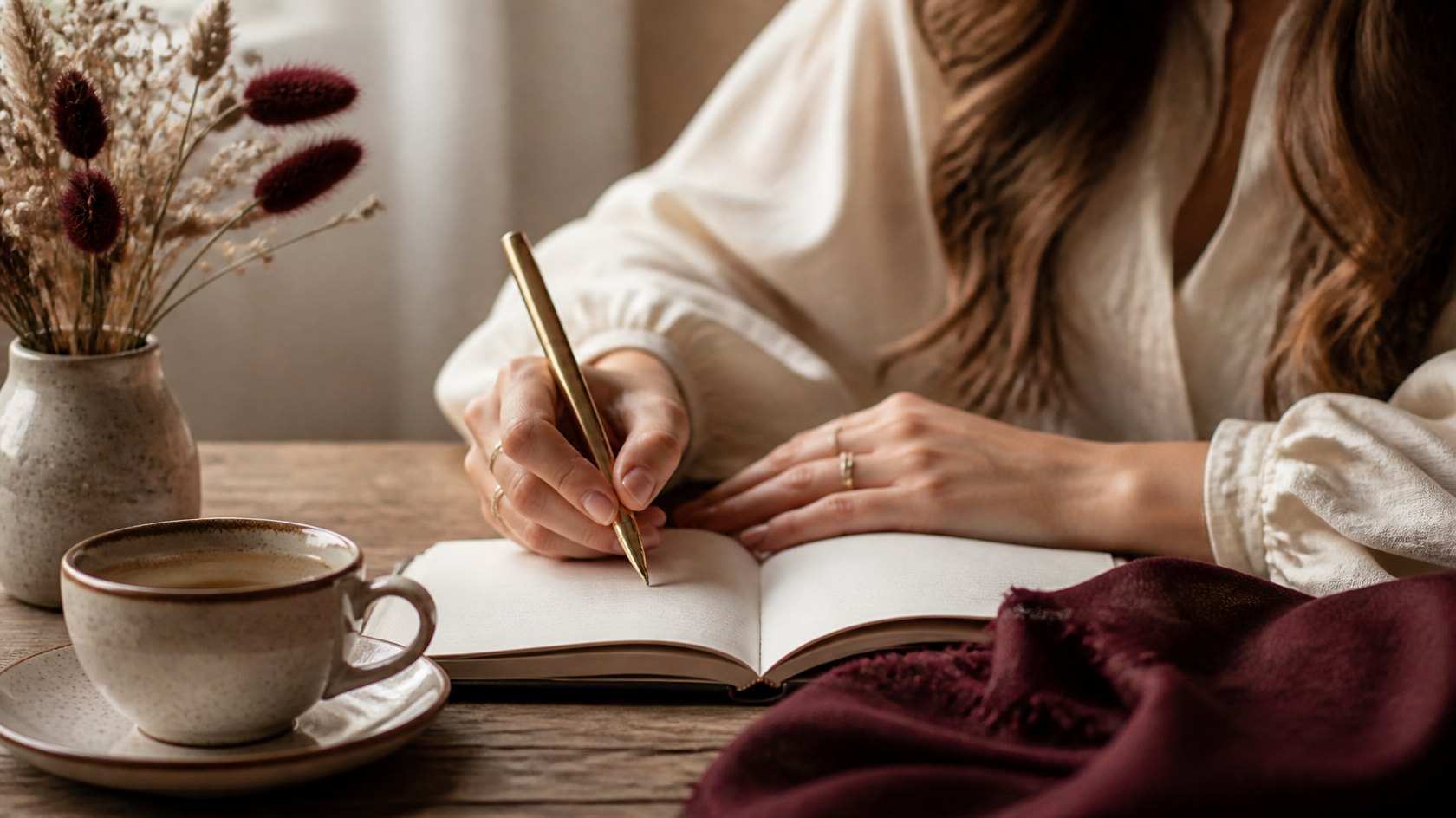 Mãos de mulher escrevendo em um caderno, com café e flores secas